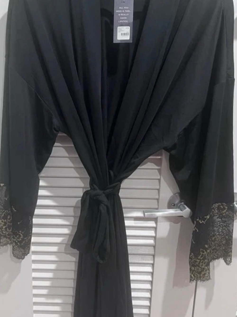 Cacique Black Lace-Trim Tie-Front Robe